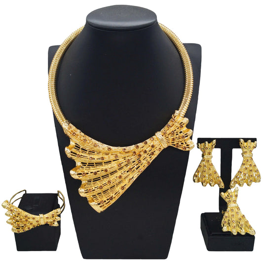 Zhuerrui Hot Selling Diamond Set High Quality Jewelry Set Brass Gold Plated Bow Earrings Dubai Wedding Jewelry Four SetsH00771