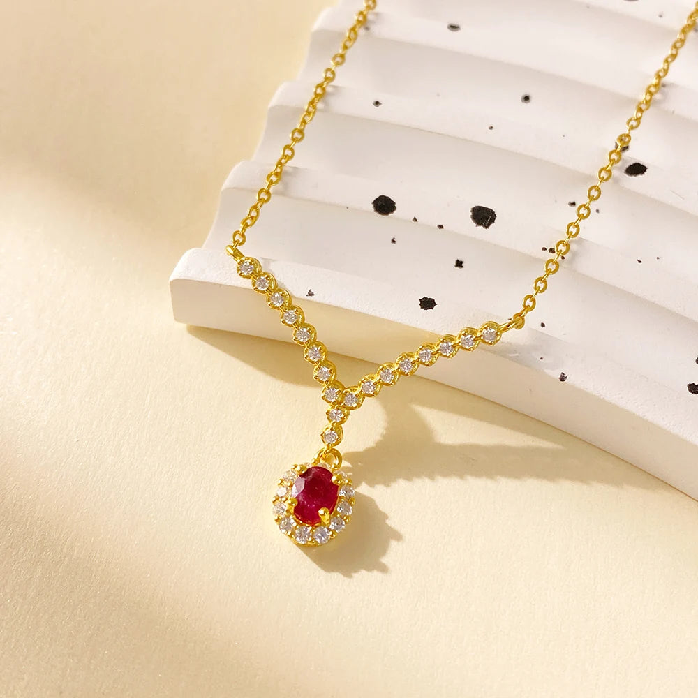 Gioiellieri Natural Ruby Rhodium Gold Plated 925 Sterling Silver Exquisitely Crafted Oval Cut Claw Setting Gemstone-Inlaid CMA Pendant