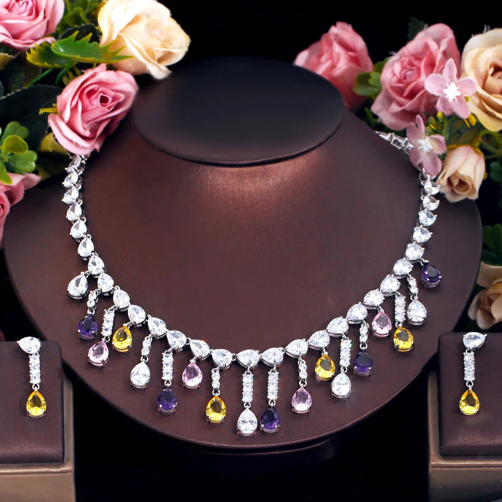 Silver Plated Full Water Drop Multicolor Cubic Zircon Stone Tassel Necklace and Earring Prom Engagement CZ Jewelry Set for Women