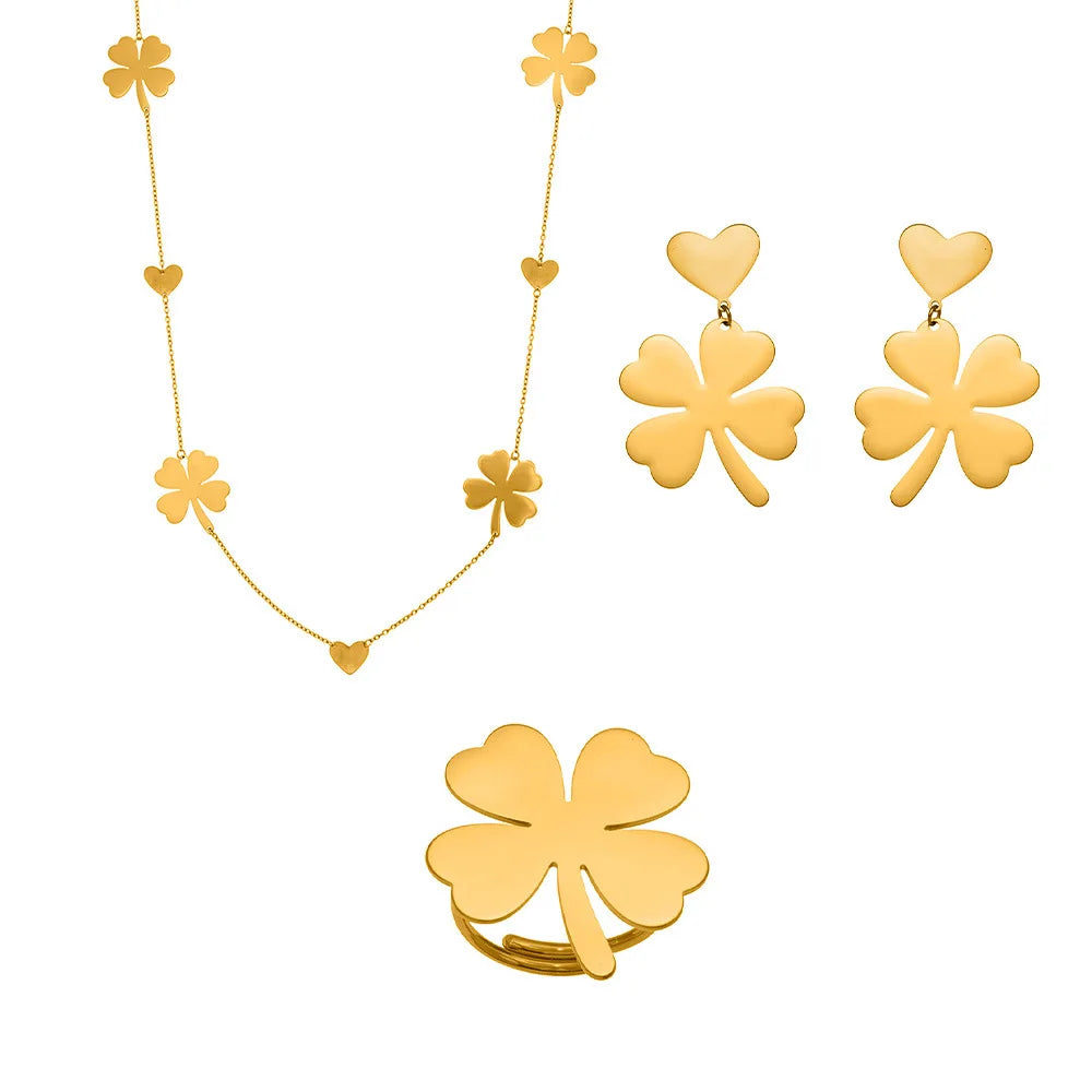 Lucky Four-Leaf Clover Sweater Chain Necklace, Earrings & Ring | Gold Plated Stainless Steel Jewellery Set