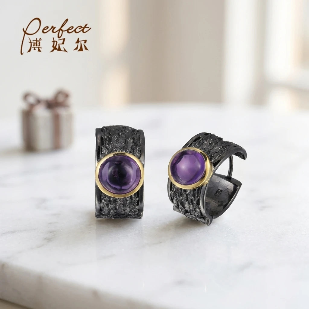 Amethyst 925 Sterling Silver Clip Pendant Earrings with Gold Plating for Women-Wedding Gift Party