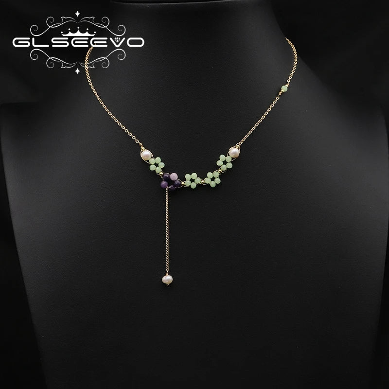 Natural Freshwater Pearl Amethyst Green Jade Flower Pendant Necklace Gold Plated Chain Beaded Trendy Necklace Women's Jewelry
