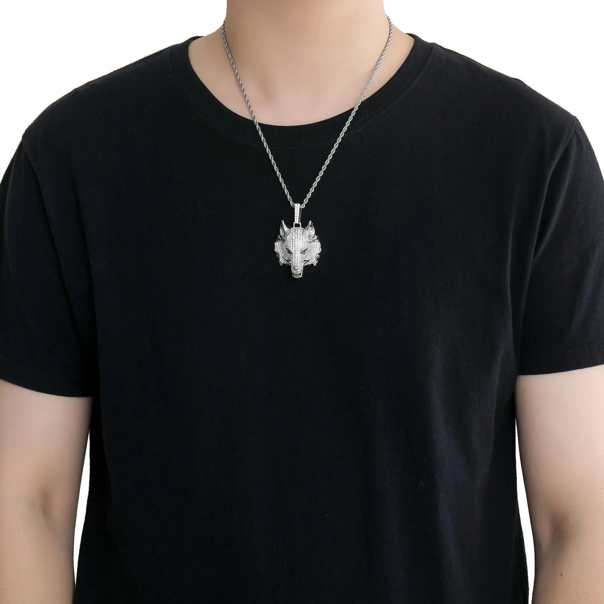 S&S Hip Hop Wolf Head Necklace Pendant with Micro Inlaid Zircon Men's Punk Collarbone Chain Trendy Accessory Gift