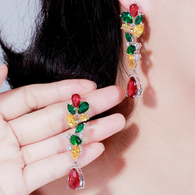 Designer Multicolor Green Red Yellow Cubic Zircon Leaf Flower Dangle Water Drop Long Earrings for Ladies Wedding Party Jewelry
