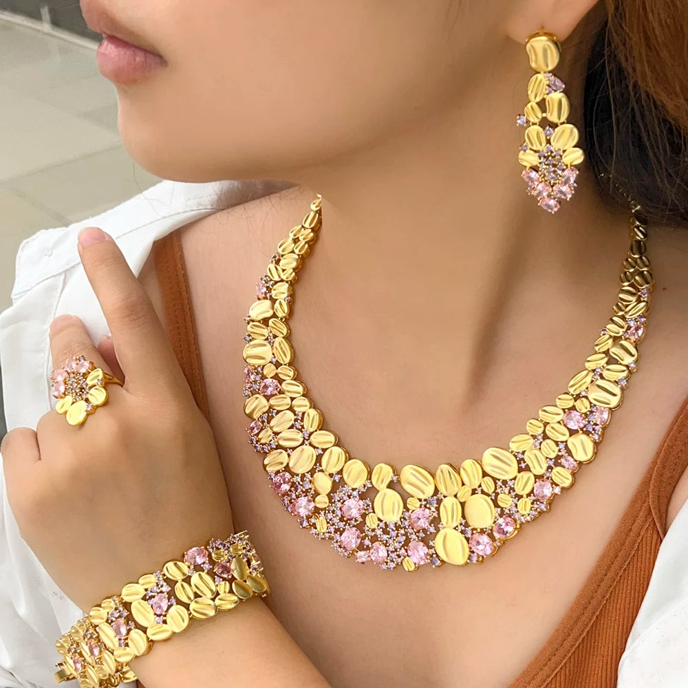 4piece African Cubic Zirconia Extra Large Necklace Women Wedding Party Dubai Gold Plated Luxury Big Jewelry Sets for Brides