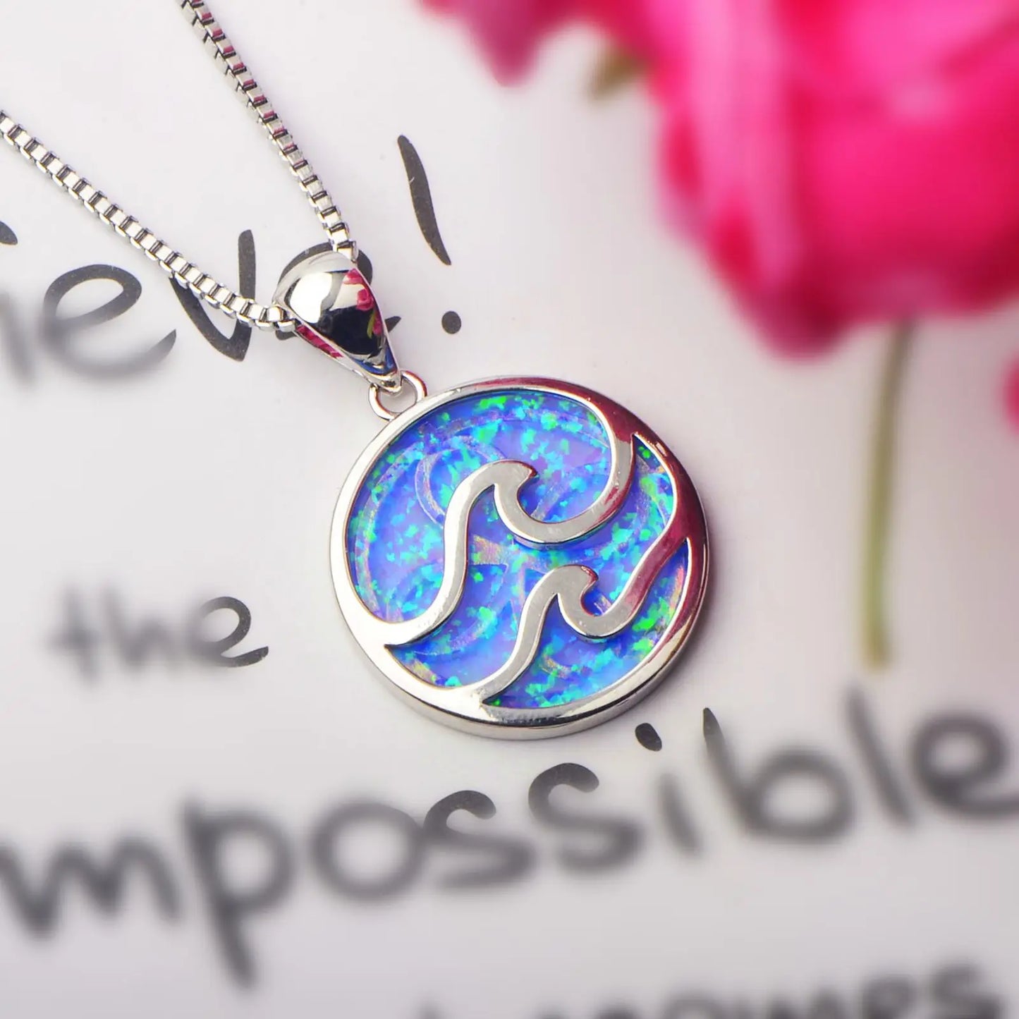 Copper Ocean Wave Opal Disc Pendant Necklace-Silver Plated Lariat Blue Fire Opal Inlay | Coastal Minimalist Jewelry Bulk Gifts