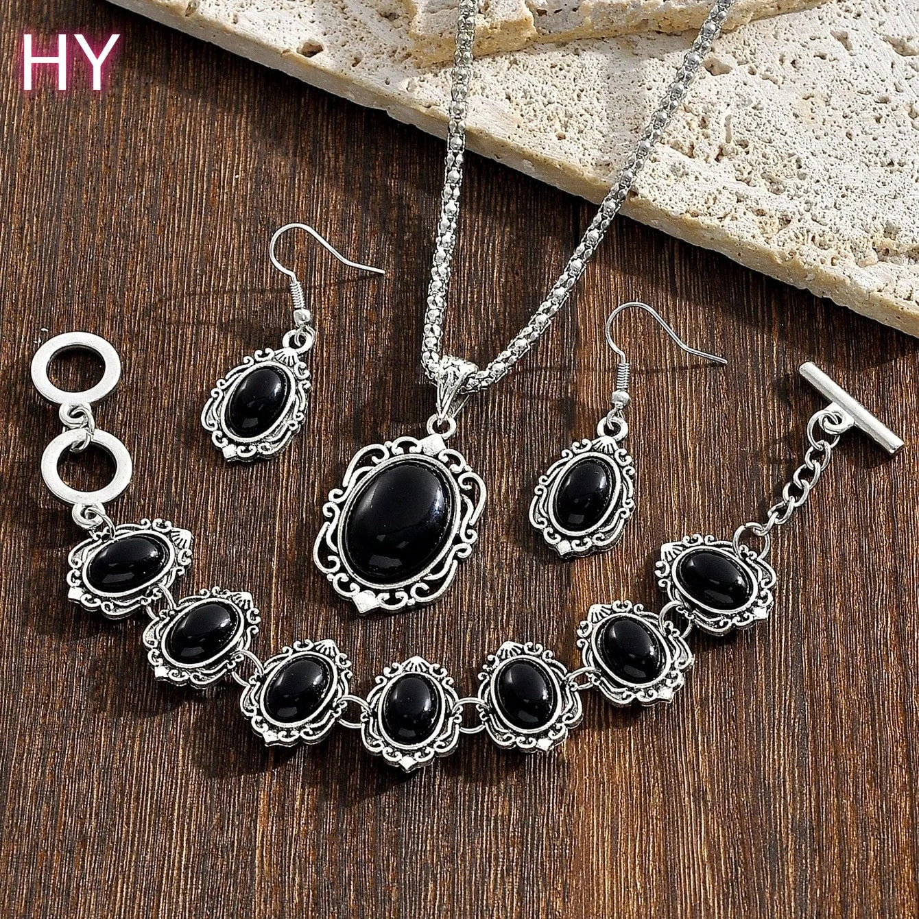 HY Fashion Vintage Gold Plated Turquoise Necklace Earrings Bracelet Three Piece Set Jewelry Women Wedding Engagement Party Gift