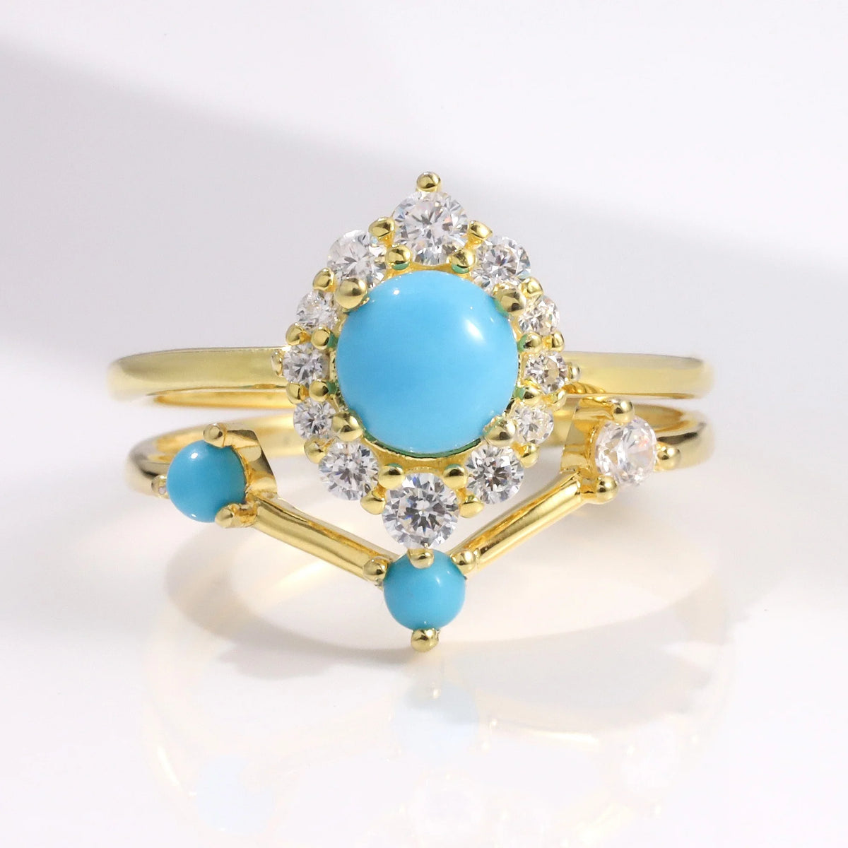 ArtistA Abiding Light Luxury Cluster Zirconia Synthetic Turquoise Gemstone 925 Silver Wedding Engagement Ring Set