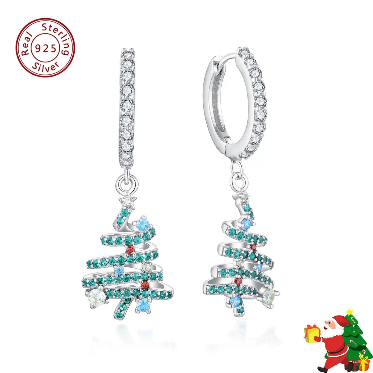 S&S 925 Silver Christmas Tree Necklace & Earrings Set – AAAAA Rose-Cut Zirconia – Rhodium Plated – Collection
