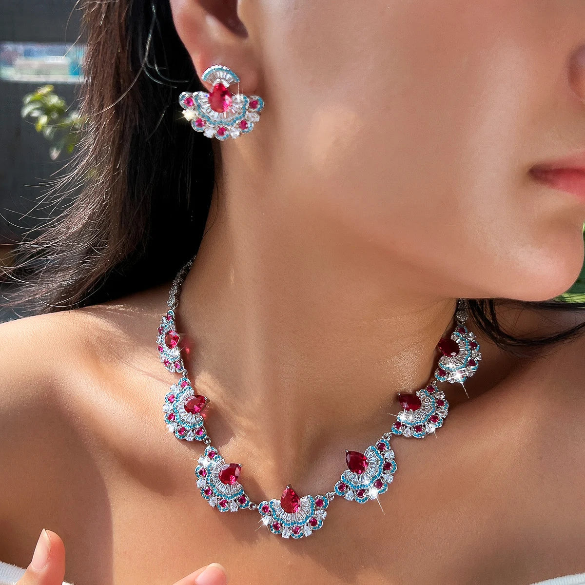 Beauty Jewelry Set Rhodium Plated Rose Red Turquoise CZ Dress Drop Tennis Jewelry Set for Women Brides Lady Costume Accessories
