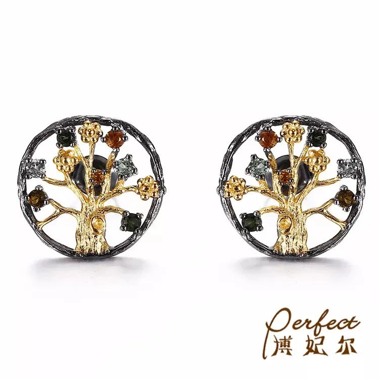 Colourful Tourmaline Tree Design Vintage 925 Silver 18K Gold Plated Pendant Earrings