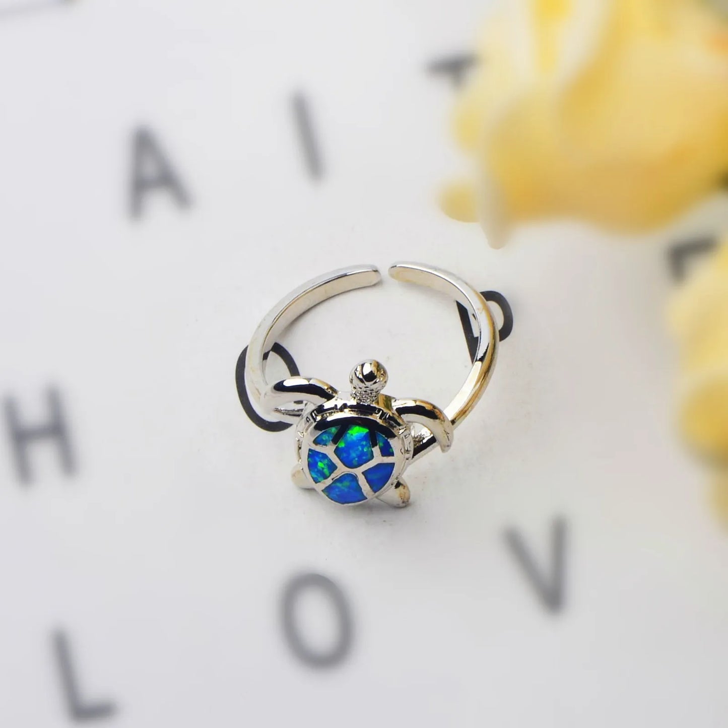 3D Sea Turtle Opal Open Ring | Blue Iridescent Gem & Zircon Accent | Stainless Steel Animal Jewelry for Women Trendy Style