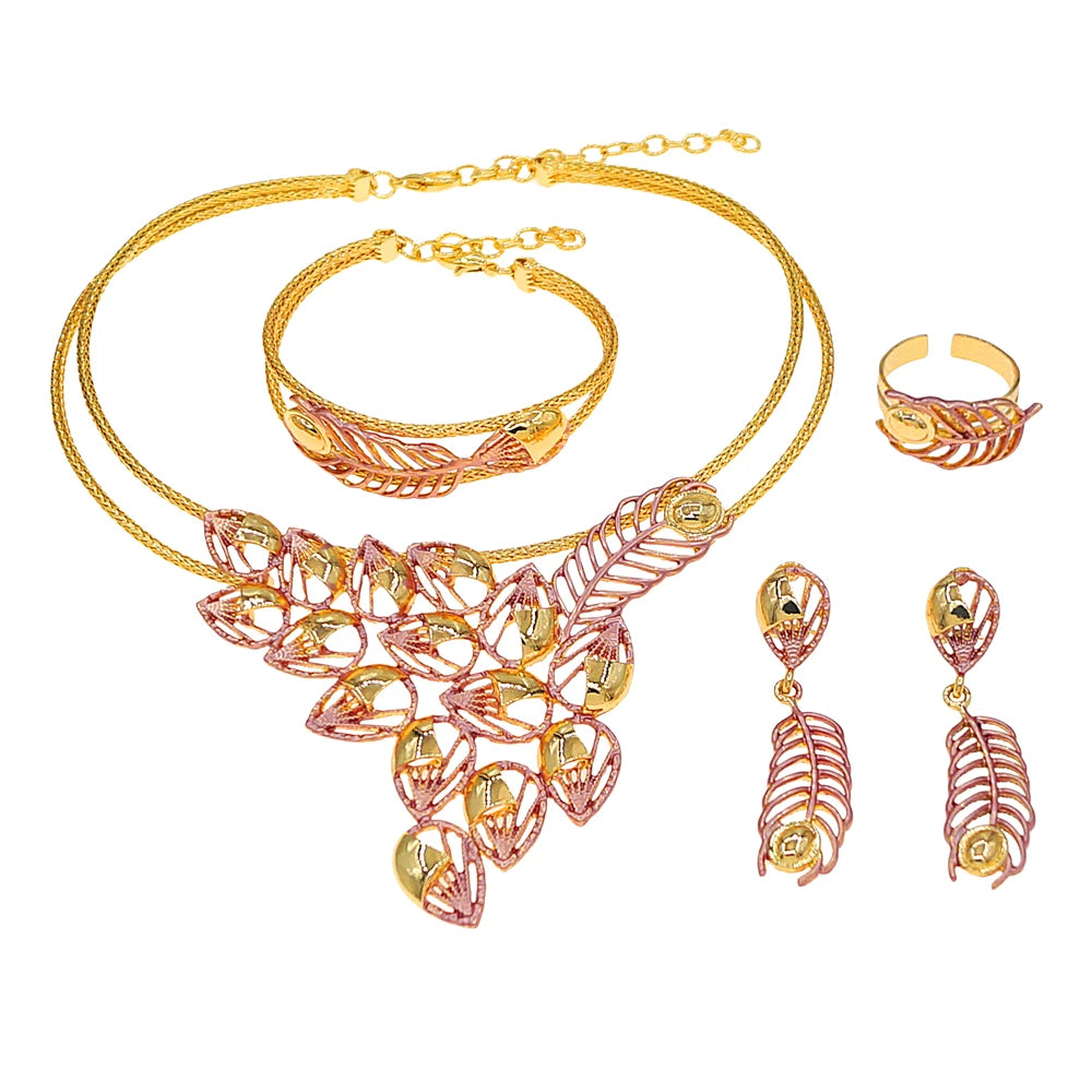 Zhuerrui New Arrival Leaf Design Gold Plated Jewelry Set Women Bride Prom Fashion Necklace Earrings Bracelet Set  X007730
