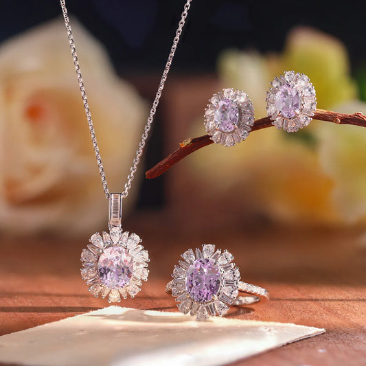 S&S Purple Lab Stone Oval Cut Bridal Jewellery Set | 925 Silver Rhodium Plated Necklace, Ring & Earrings | S&S Collection