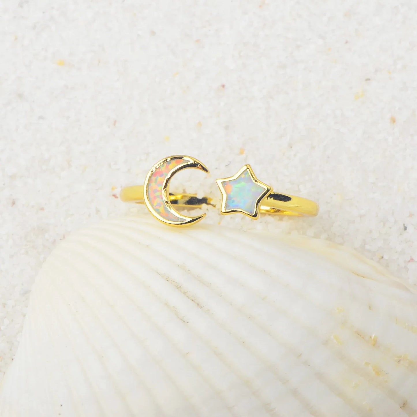 Modern Brass Minimalist Ocean Opal Ring-Hawaiian Star Moon Design Women's Eternity Band for Party Anniversary Bulk Jewelry