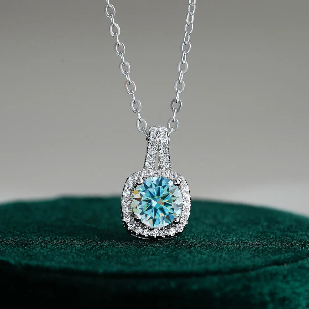 Fine Jewelry 925 Silver Square Bezel Set Round Cut 1CT 2CT VVS GRA Certified Colorful Moissanite Diamond Pendant Necklaces Women