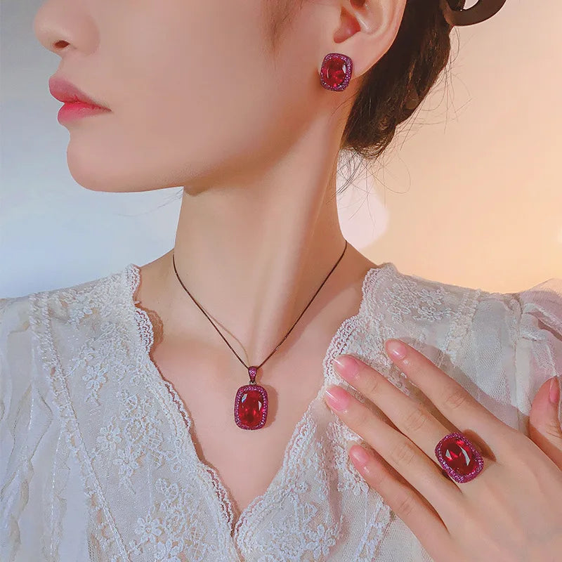Gemfiori Luxury Vintage Gothic Royal Blue Sapphire Jewelry Set Black Gold Plated Cushion Cut Blue Gem Halo Pendant Necklace Earrings Ring