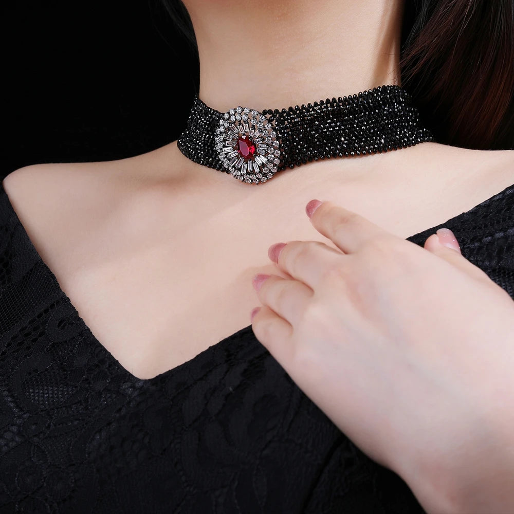 Silverelli | 925 Silver Black Spinel Multi-Layered Choker Necklace | 18K Gold Plated | Strand Design