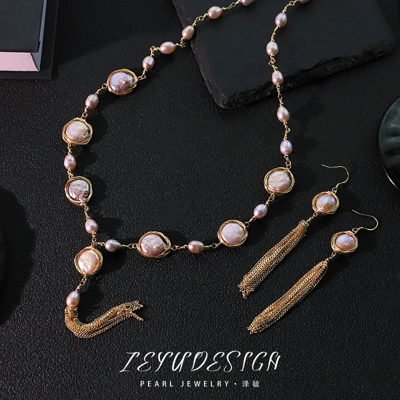Baroque Natural Freshwater Pearl Pearl Chain Earrings Necklace Set Luxurious Design Set Gift Wedding Banquet GS0215