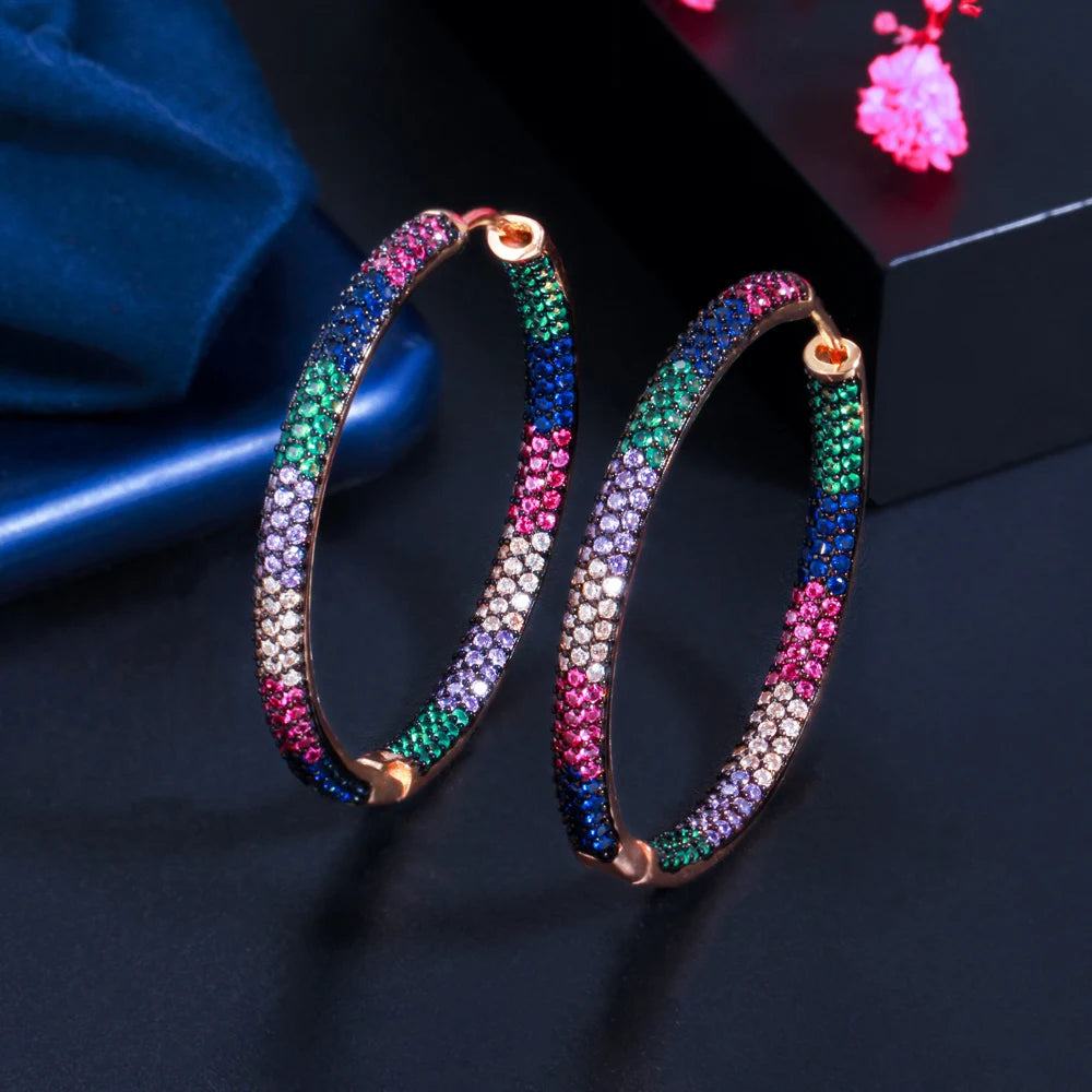 S&S Two-Tone Rainbow CZ Big Round Hoop Earrings – Black Gun & Gold Plated – Collection