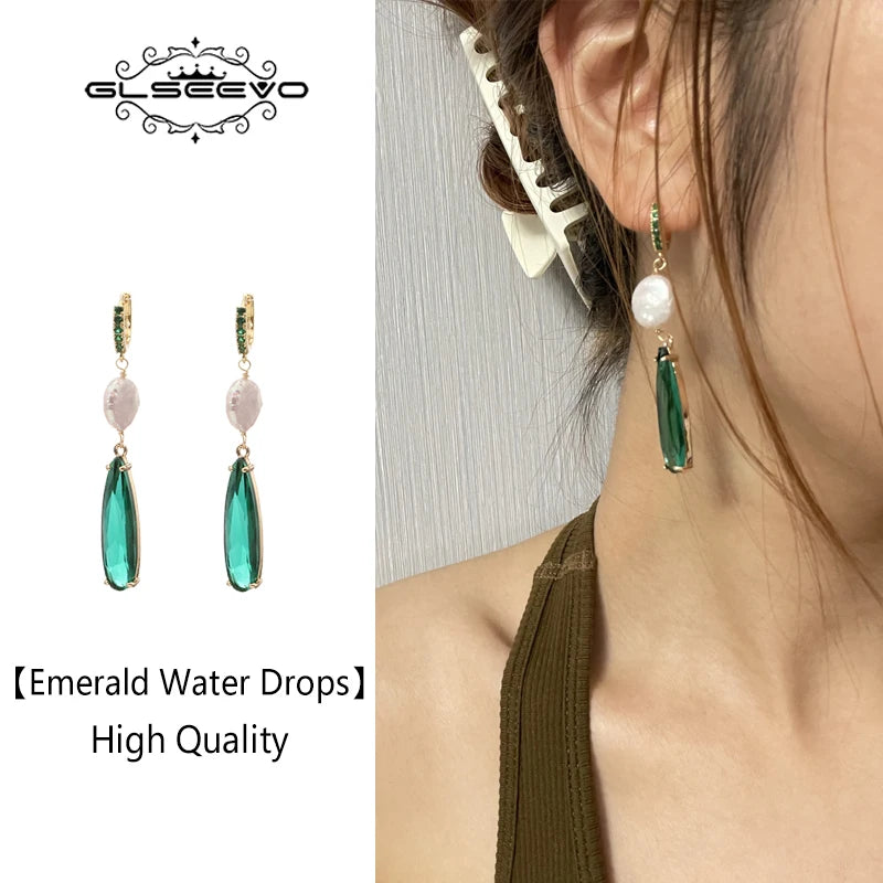 Natural Baroque Pearl Emerald Drop Water Crystal Piercing Earrings for Women Wedding Party  Luxurious Elegant Handmade Jewelry