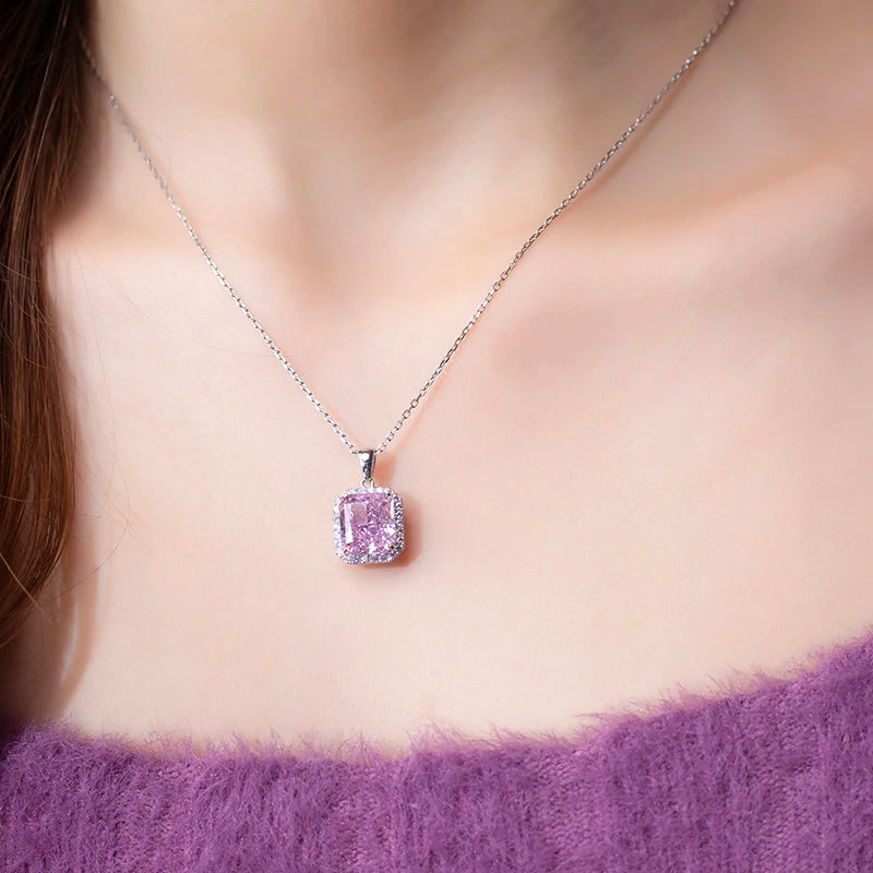 Messi Jewelry MSN-657  5 Carat Carbon Diamond Pink Necklace Cubic Zirconia Radiant Cut Silver Pendant for Daily Decorations