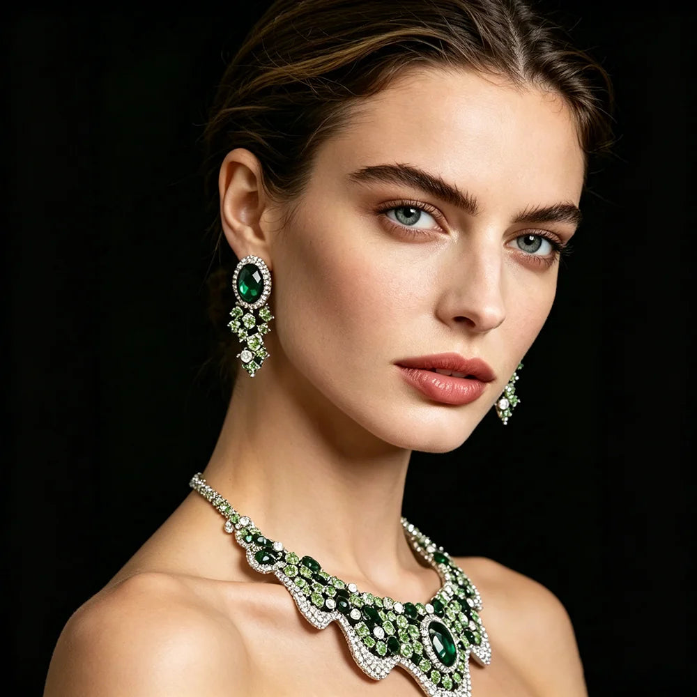 Luxury Emerald Green Crystal & Pearl Floral Statement Necklace & Drop Earrings Bridal Set — Silver Plated