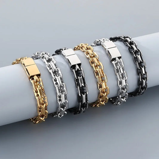 VEROMCA Pig-Nose Double-Row Stainless Steel Punk Wedding Bangle Bracelet with Hollow Magnetic Clasp