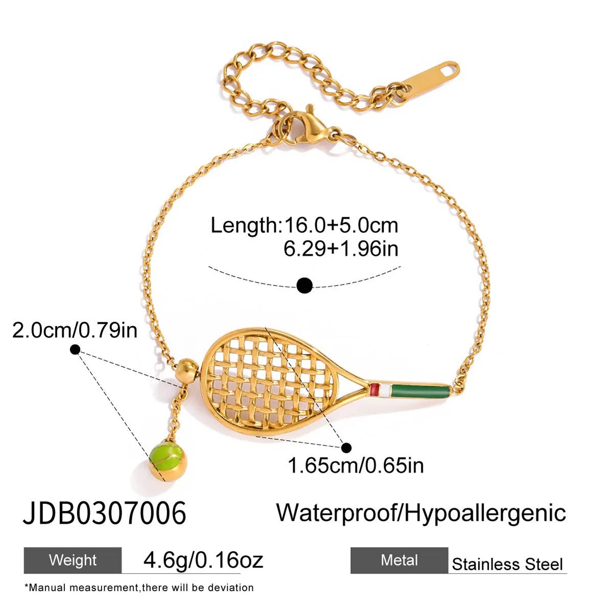 REDheart Tennis Racket Jewelry Set CE Certified Stainless Steel 18K Gold Plated Enamel Tennis Ball Necklace Bracelet Set for Sports Fan
