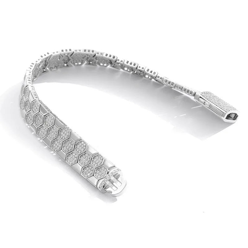 ArtistA 9 Factory 10mm Honeycomb Grid Micro-Pave VVS1 D Color Moissanite 925 Sterling Silver Multi-Size Fashion Design Bangle Bracelets