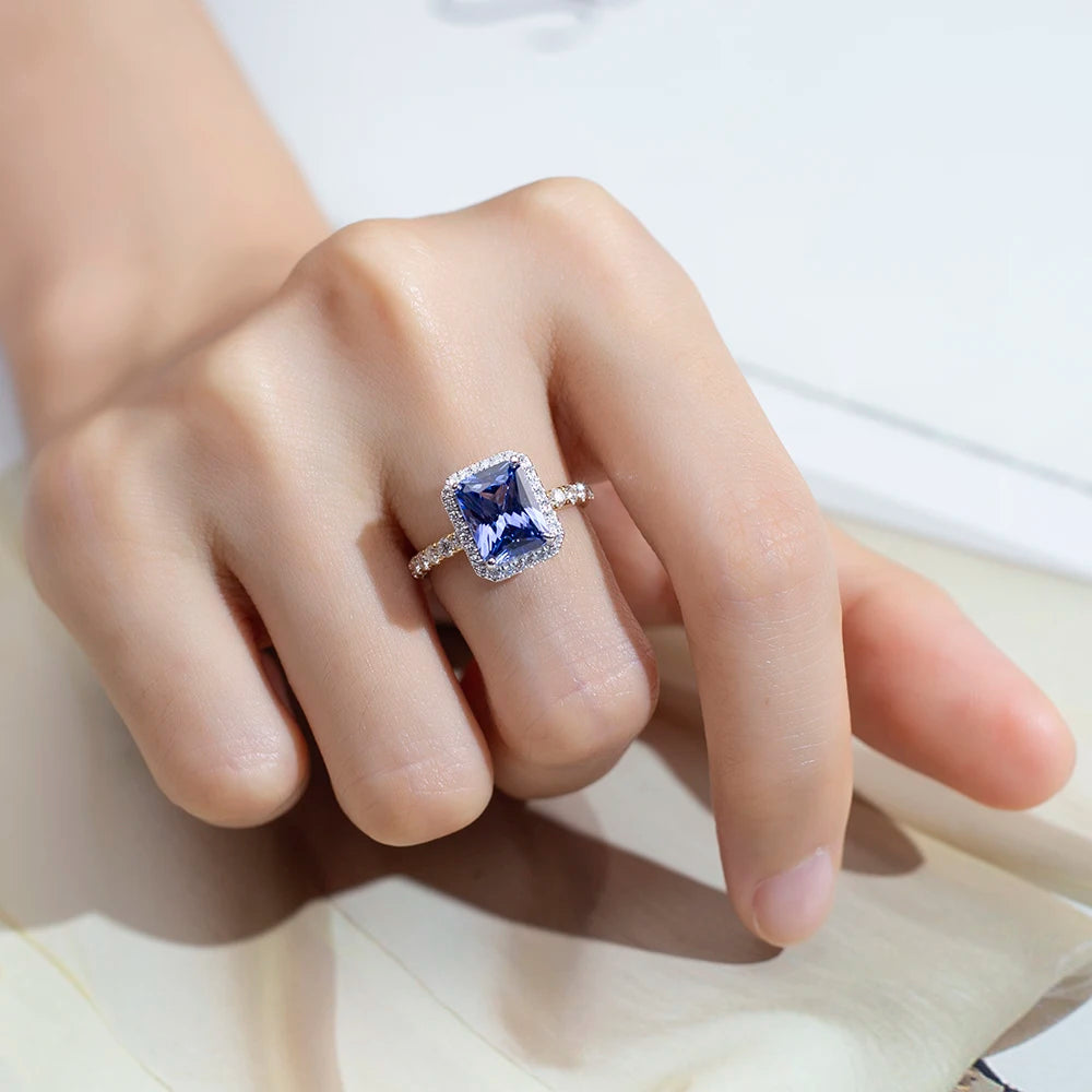MSR-1596 Customized Jewelry 18K Yellow Gold Emerald Shape 7*9 Royal Blue Lab Grown Gemstone Ring
