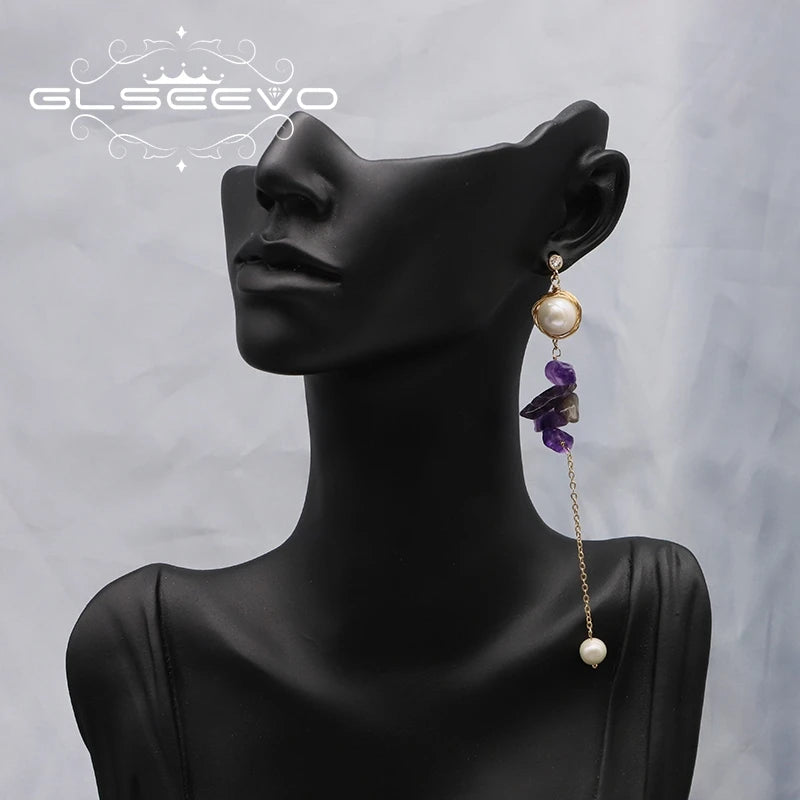 Amethyst Freshwater Pearl Handmade Wire Wrapped Dangle Earrings Chain Fashion Charm Luxury Earrings Women Jewelry