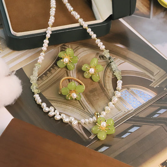 GLSEEVO Natural Freshwater Pearl & Green Jade Flower Jewellery Set — Necklace, Earrings & Ring
