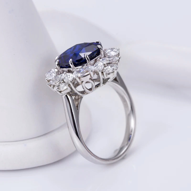 Messi Jewelry MSR-951 S925 Lab Sapphire Cushion Cut Ring Flower Design Engagement Ring  Wedding Band Classic  Gift Band