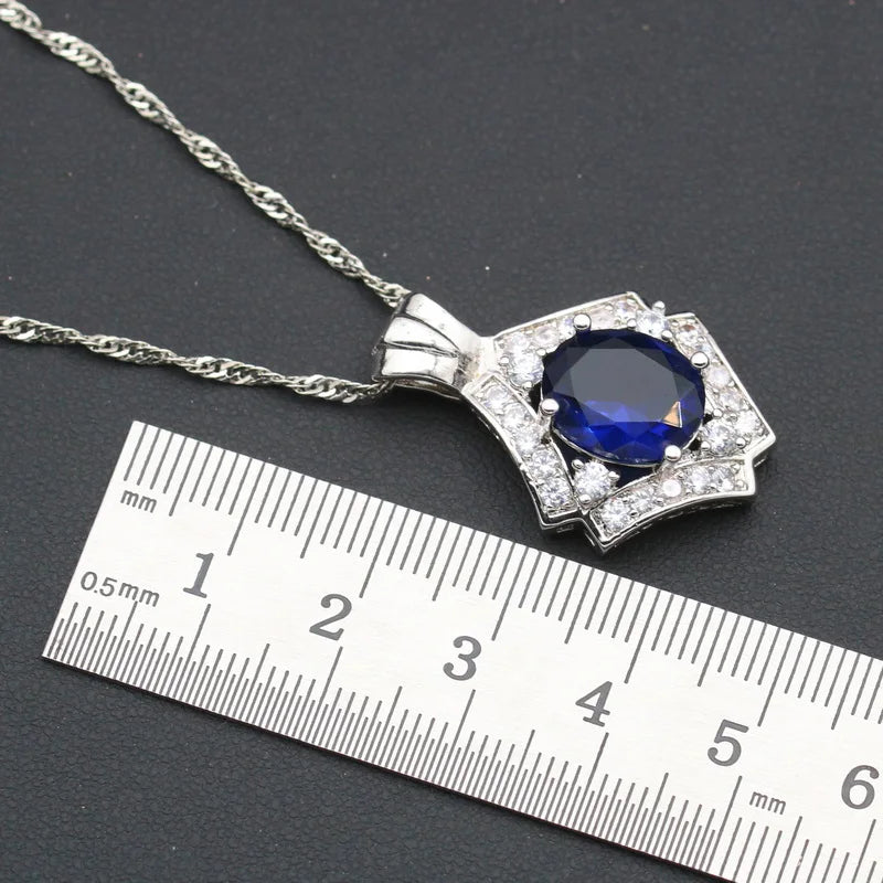XOTICA Silver Color Alloy Women's Set Wedding Royal Blue Cubic Zirconia Earrings Necklace Pendant Open Ring Bracelet Party Halloween