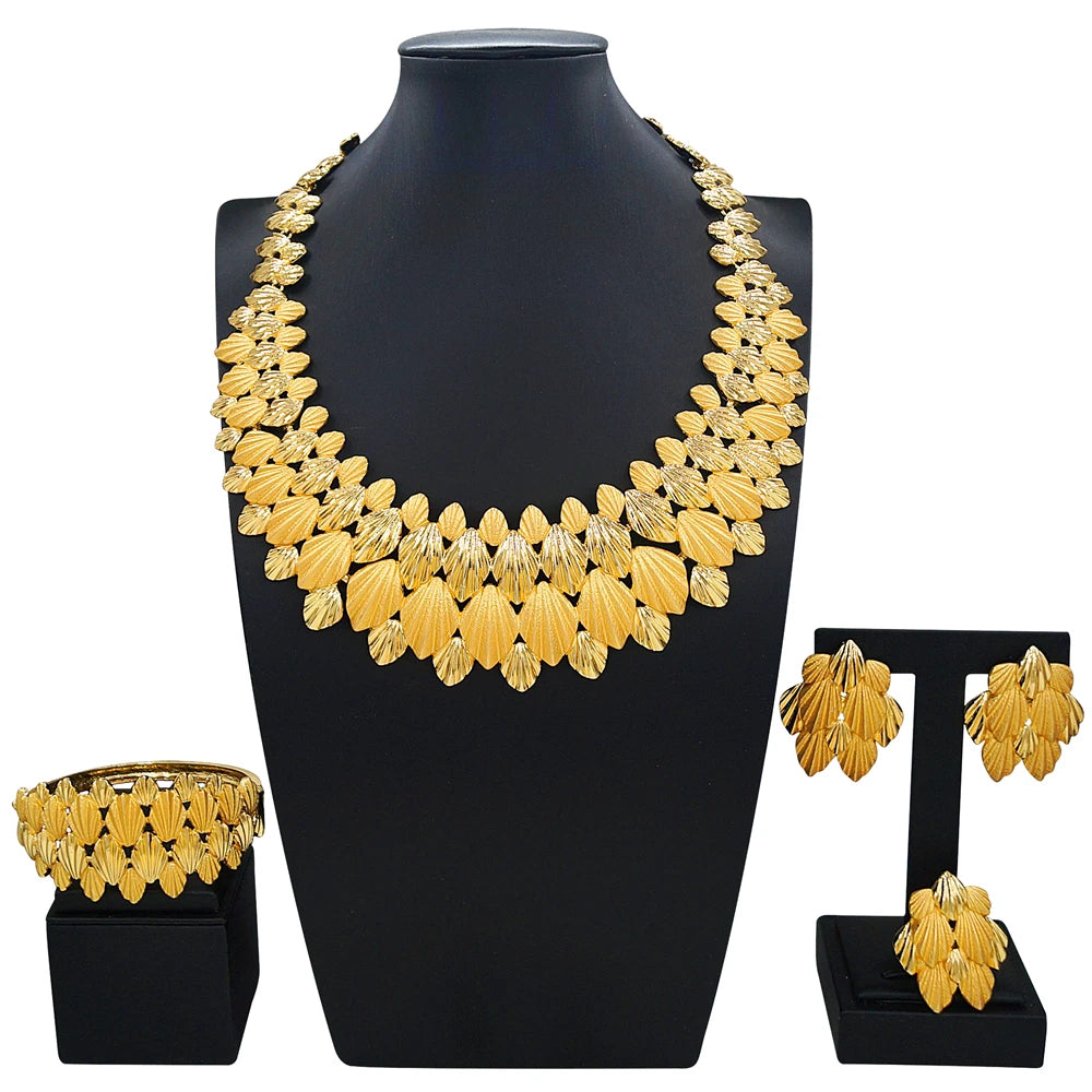 Zhuerrui Gold Plated Fan Leaf Texture Jewelry Set 4pcs Women Necklace Earrings Bracelet Ring for Wedding Evening Party I0073