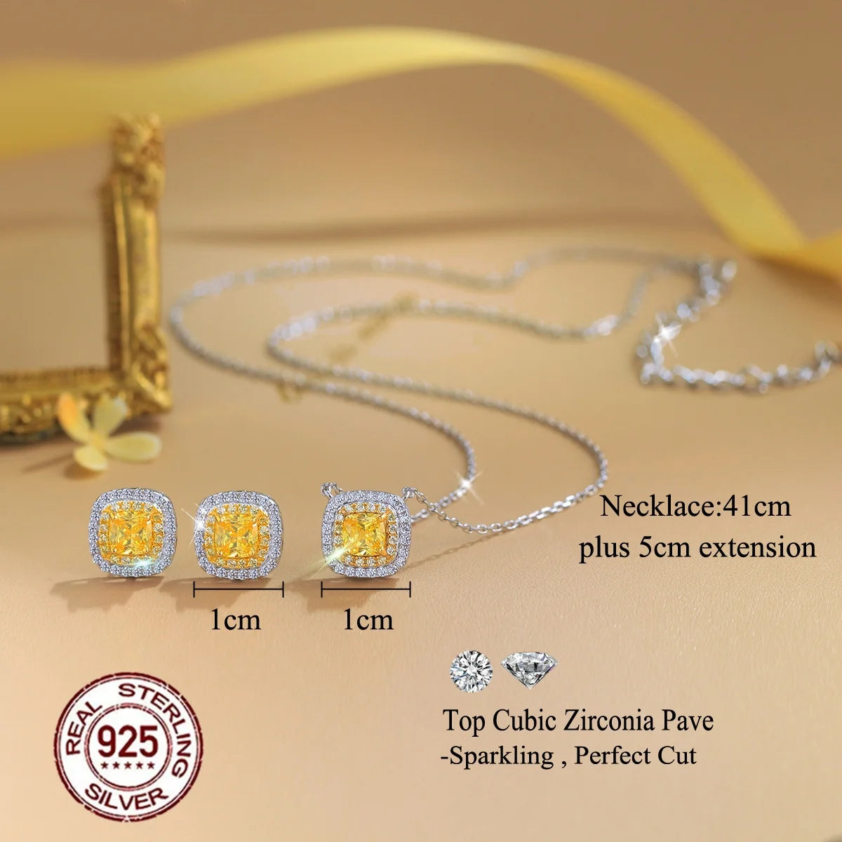 925 Sterling Silver Double Halo Necklace Earrings Simulated Canary Yellow Diamond CZ Pave Jewelry Set for Women Sensitive Skin