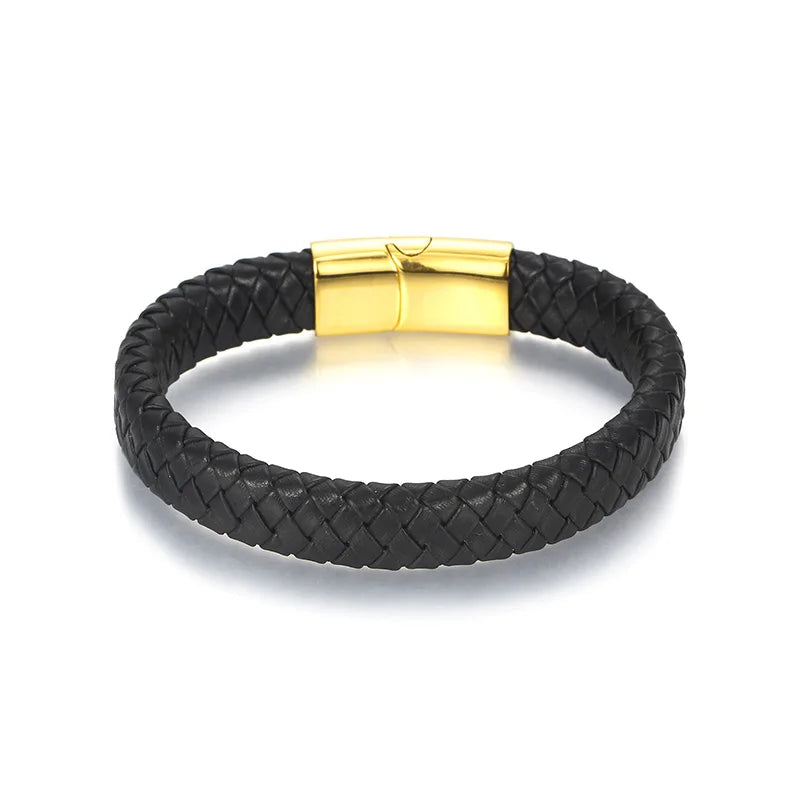 KALEN 13mm Width Men Mature Gold/Silver/Black Stainless Steel&Cowhide Leather Bracelet