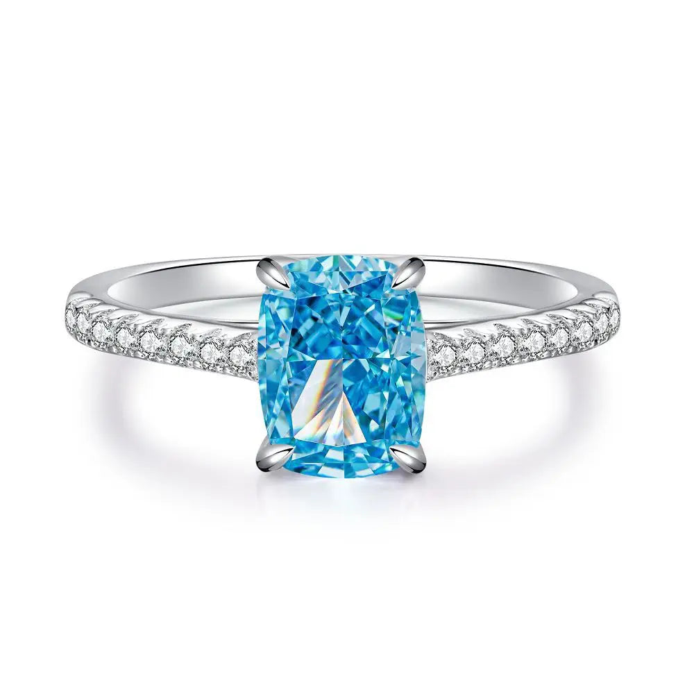 Waterproof Women 925 Sterling Silver Aquamarine 5A 8A Cubic Zirconia Ring Wedding Anniversary Rings Custom Jewelry Supplies