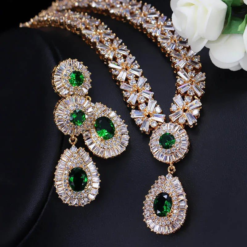 Popular American Style Full Cubic Zircon Inlay Water Drop Shape Pendant Wedding Bridal Jewelry Set for Women Honorable Jewelry