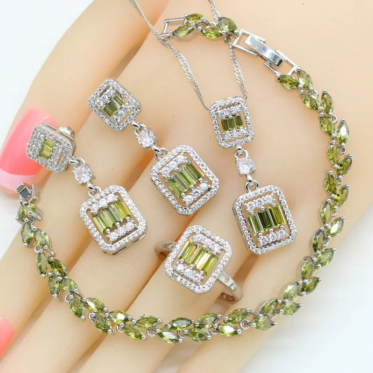 2022 New Green Peridot 925 Silver Bridal Jewelry Sets for Women Wedding Party Engagement Bracelet Necklace Pendant Earrings Ring