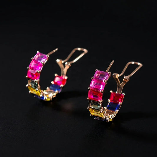 Gemfiori Luxury Fine Jewelry Colorful Emerald Cut Lab Grown Sapphire Solid 18K Rose Gold Earrings for Female Anniversary Gift Engagement