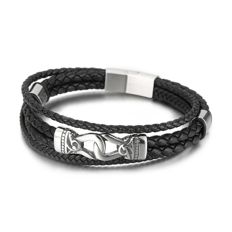VIKING Mens Vintage Charm Leather Strand Bracelet – Black Stainless Steel