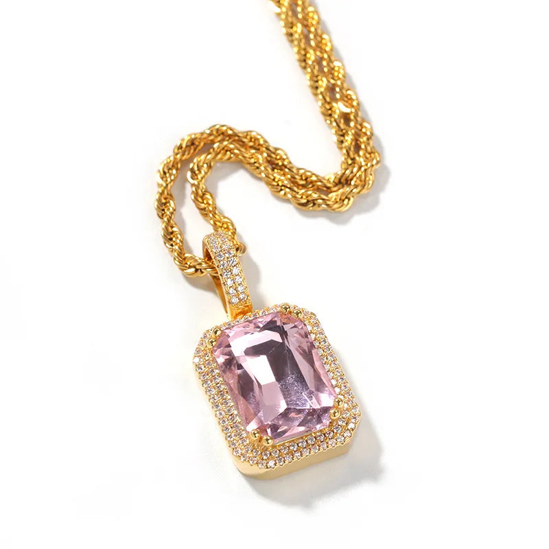 BiG-BOSS Hip Hop Mocha Fluorescent Square Solid Gemstone Pendant Necklace Trendy Cold for Men Women Perfect Neutral Sweater Chain Gift