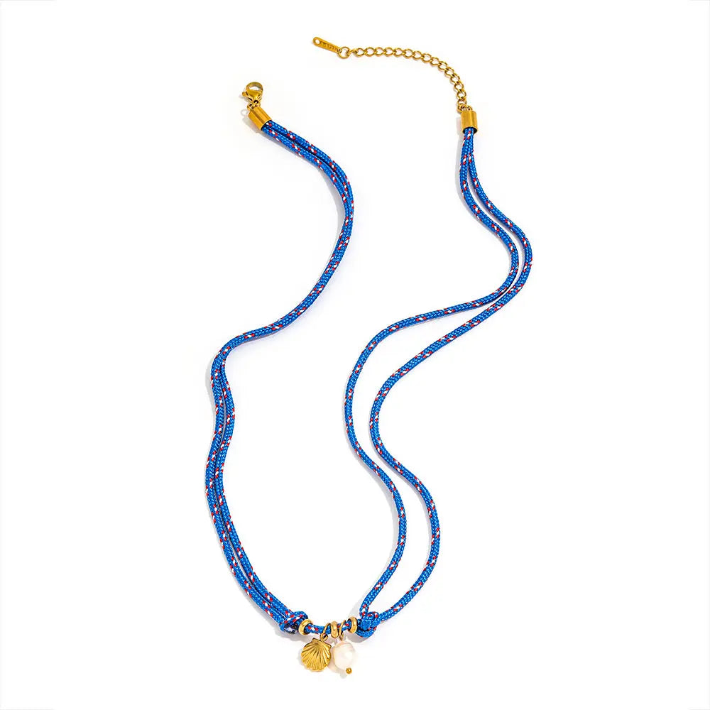 Joolim PVD Plated Wholesale Waterproof Fashion Nautical Shell Pearl Pendant Nylon Rope Chian Necklace Stainless Steel Jewelry