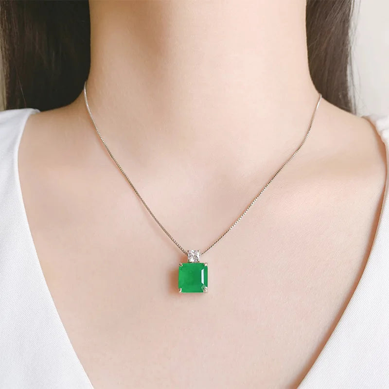 Fashion Eco-friendly Copper Minimalist Square Green Zircon Pendant Earrings Set Elegant Brass Jewelry Sets for Refined Everyday