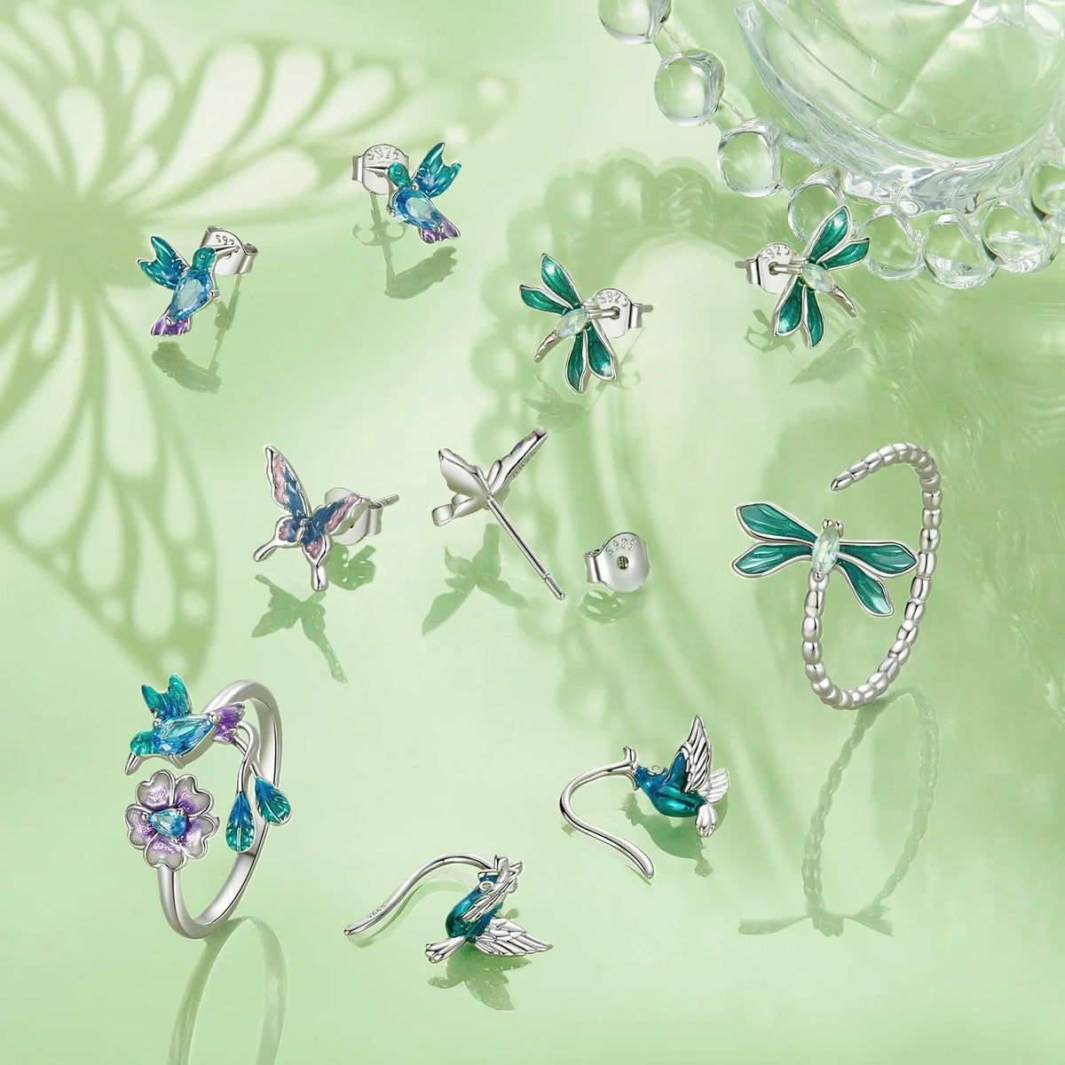 S&S 925 Silver Earring & Ring Set – Butterfly, Dragonfly, Bird & Flower – Platinum Plated – Collection