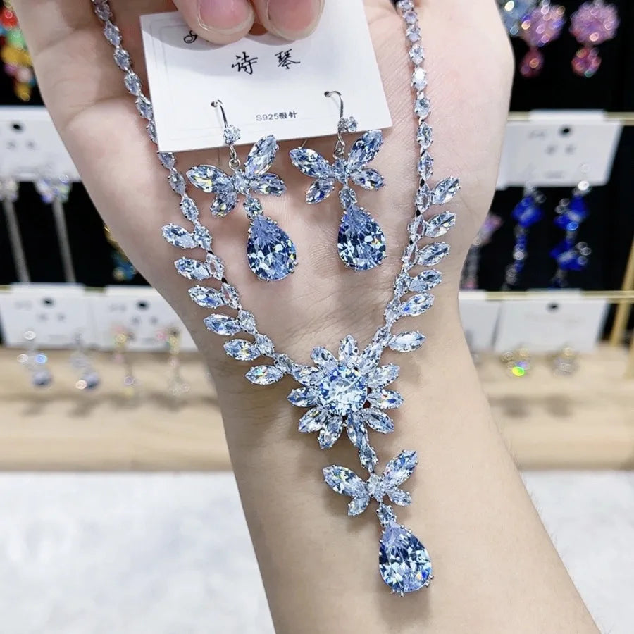 K065 Wholesale Women Trendy Luxury Butterfly and Flower Zircon Bridal Necklace Earrings Set Wedding Elegant Jewelry Set