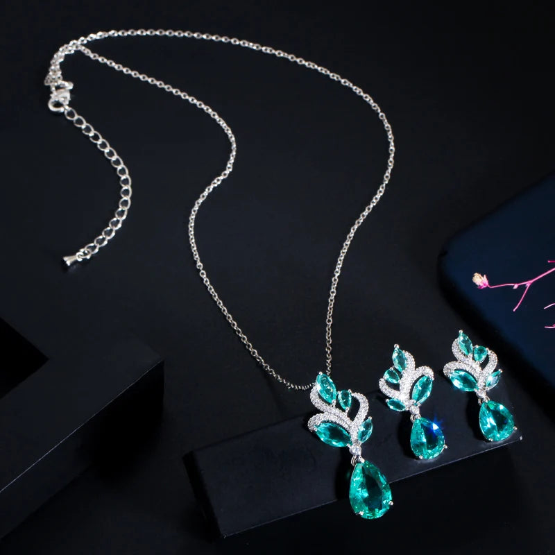 S&S Green CZ Waterdrop Leaf Pendant Jewellery Set – Necklace & Earrings – Collection