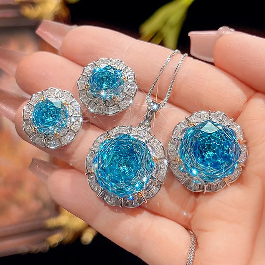 Gemfiori Luxurious Unique Rose Circular Design Necklace Earrings for Girls Blue Cubic Zircon Set Fashionable Women Adjustable Ring